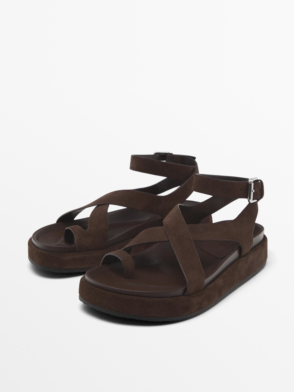 Massimo Dutti Dark Brown Suede Platform Ankle-Strap Sandals Size 7.5 US